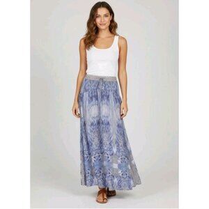 Of Two Minds 100% Silk Flowy Boho Maxi Skirt Women's Size Medium Blue Chiffon